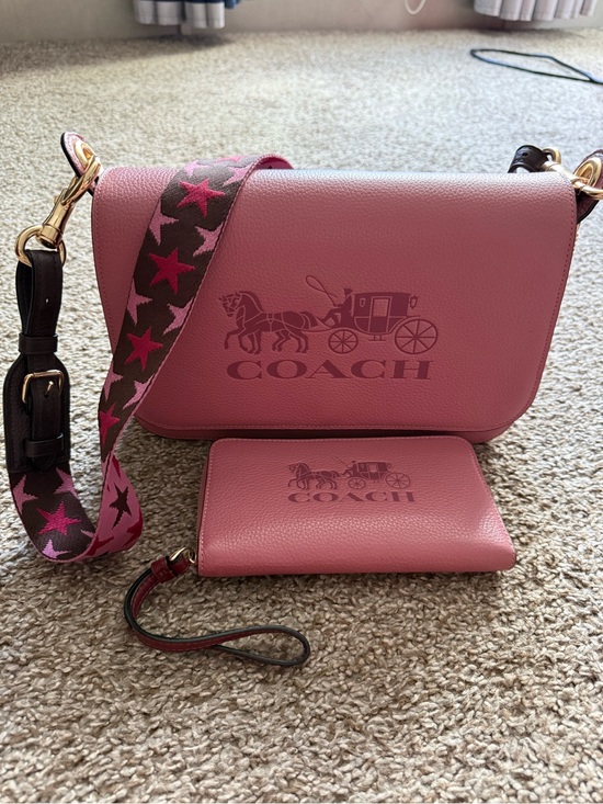 Coach Handbags - Coach Pink Leather Crossbody with Star-Print Strap and Matching Wristlet